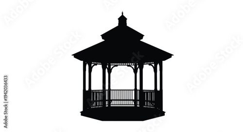 Detailed black gazebo structure against a white background silhouette
