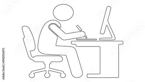 Minimalist line art illustration of a digital artist or graphic designer working on a computer desk with a drawing tablet.