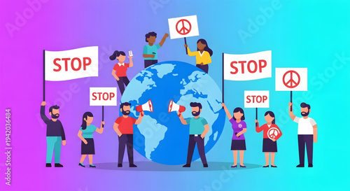 Diverse group protesting for global peace.