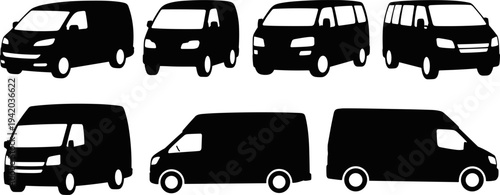 Set of various cargo van silhouettes and commercial delivery vehicles, isolated on a white background for logistics, transportation, business, and automotive design graphic projects.