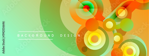 Abstract vibrant design features overlapping circles, gradients. Colors blend from green to orange, creating dynamic visual effect.