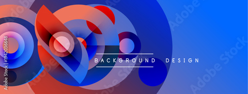 Abstract dynamic composition. Overlapping circles create vibrant gradients, blue dominates right side. Text reads background design. Modern visual element.