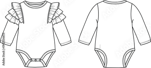 Baby onesie fashion illustration, infant garment technical drawing, ruffle shoulder long sleeve vector artwork, clothing design concept
