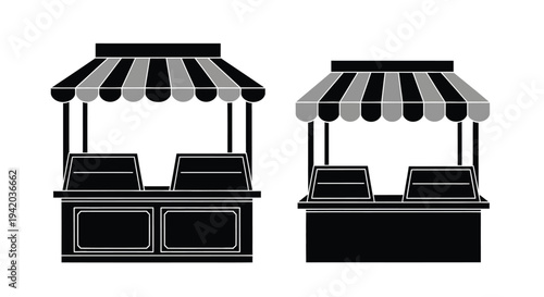Two market stall illustrations with striped awnings a black silhouette