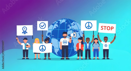 Diverse group holding peace protest signs.