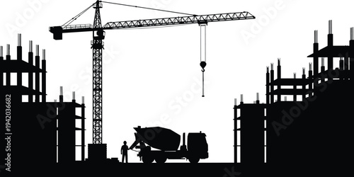 Construction site silhouette illustration, tower crane building artwork, industrial urban development vector drawing, architecture design concept