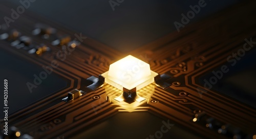 Close up of a glowing yellow led light mounted on a dark circuit board with intricate copper traces
