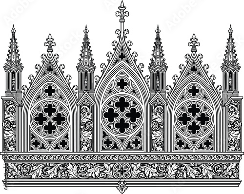 Gothic cathedral facade illustration, pointed arch tracery artwork, ornate pinnacles quatrefoil design vector drawing, medieval architecture concept