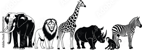 Collection of Wildlife Animal Silhouettes, Lion, Elephant, Giraffe, Rhino, Zebra, and Monkey, cad drawing flat vector illustration, Nature Fauna Silhouette.