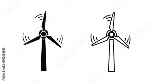 Two wind turbines depicted in contrasting styles a bold silhouette