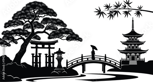 Japanese landscape silhouette, pine tree, torii gate, stone lantern, curved bridge with umbrella figure, pagoda architecture, bamboo leaves, cultural artwork