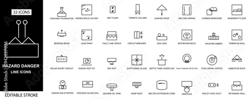 Hazard danger line icons set of 32, editable stroke outline vector symbols for home inspection, safety risks, mold, gas leak, electrical faults and structural damage