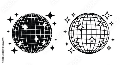 Two disco balls with starbursts a striking black design silhouette
