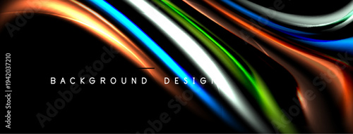 Abstract colorful lines flow across black space. Bright hues create dynamic visual effect. Modern design element.