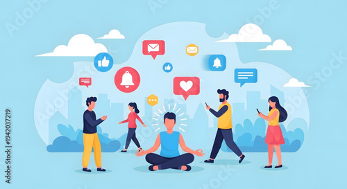 People communicating with social media icons.