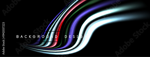 Abstract colorful lines flow across black background. Dynamic curves create modern visual effect. Bright shades emphasize design elements.