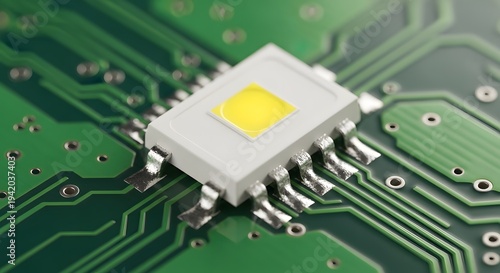Surface mount LED on green circuit board with intricate pathways and solder points, macro photography
