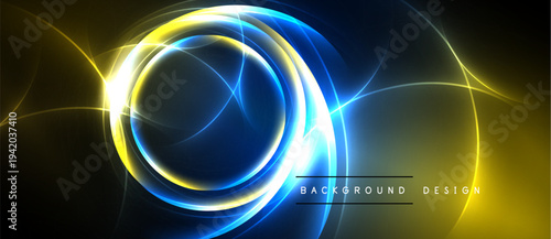 Abstract design features vibrant blue, yellow light streaks. Concentric circles dominate dark background. Modern, energetic visual.