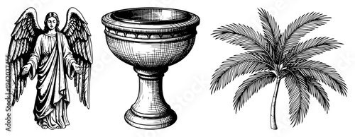Collection of religious symbols including an angel statue chalice and palm tree