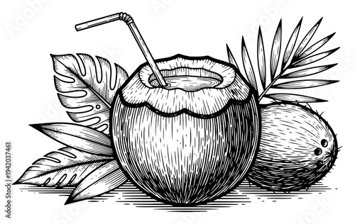 Tropical coconut cocktail with a straw and palm leaves in engraving style