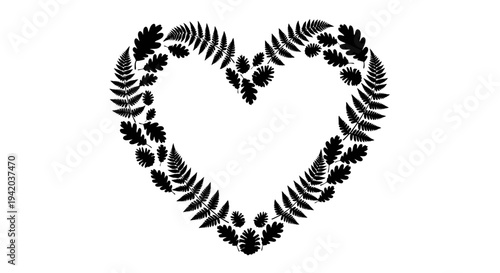Heart-shaped wreath of black leaves on a white background, elegant and organic design