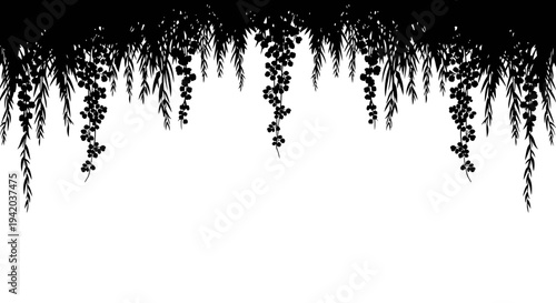 Elegant black silhouette border with hanging tropical foliage, creating a natural decorative design