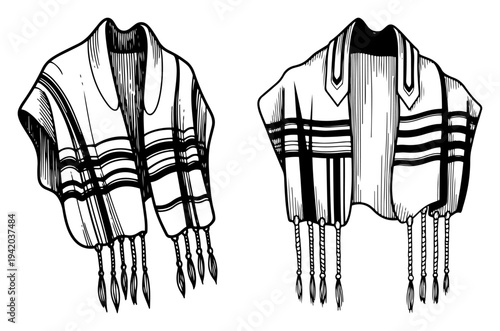 Jewish tallit prayer shawl illustrations in vintage woodcut engraving style