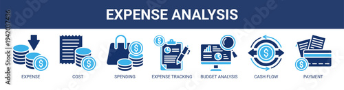 Expense Analysis web banner icon vector illustration concept with icons of expense, cost, spending, expense tracking, budget analysis, cash flow, and payment.