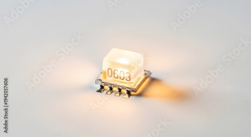 Close up photo of 0603 smd led, surface-mount light-emitting diode glowing in warm light