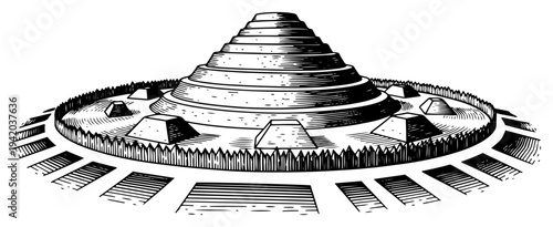 Ancient tiered architectural structure or mythical tower of babel in vintage black and white engraving style