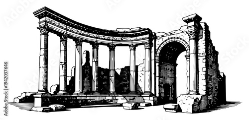 Classical ancient roman ruins with columns and triumphal arch in hand drawn vintage engraving style