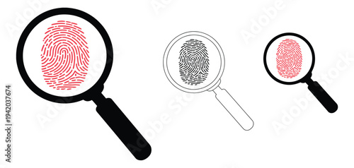 Fingerprint analysis with magnifying glass, clean line and solid vector design depicting forensic investigation