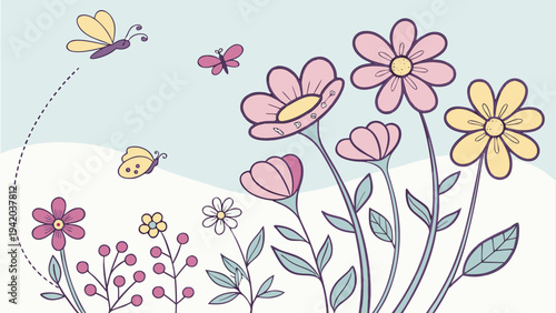 Colorful spring vector illustration featuring blooming flowers and playful butterflies under a clear sky, embodying the beauty of nature's awakening season and a fresh start