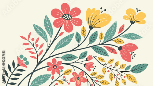 Beautiful botanical illustration with colorful spring flowers and delicate green leaves in a charming vector design element for elegant decorative projects
