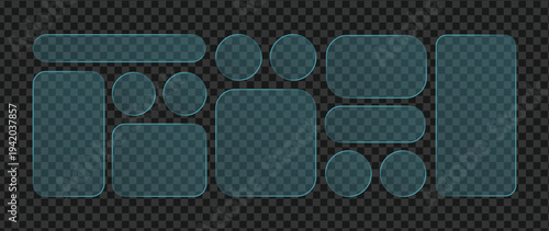 Futuristic cyan neon glass morphism UI element set. Translucent rounded borders and glowing wireframe shapes for HUD dashboards and dark mode web design interfaces