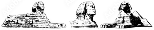 Great Sphinx of Giza monuments from different angles in classic engraving style