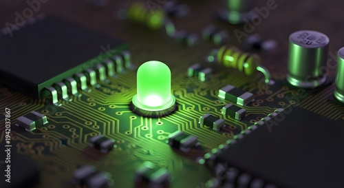 Bright green light emitting diode on a brown circuit board surrounded by microchips and capacitors