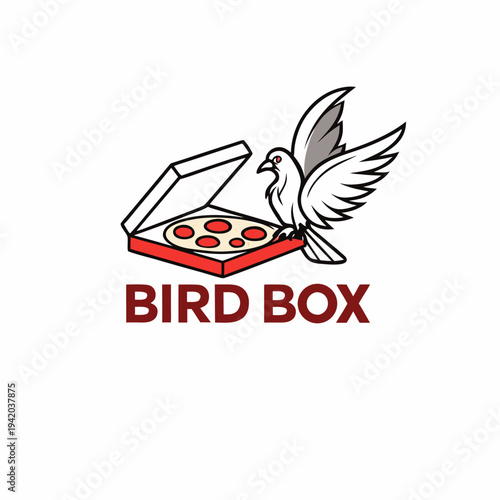 Vibrant vector logo design presenting a graceful flying bird carrying an open pizza box with a fresh pizza, embodying fast food delivery and culinary concepts