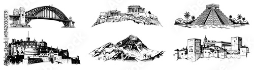 Collection of famous world landmarks in vintage hand drawn engraving style