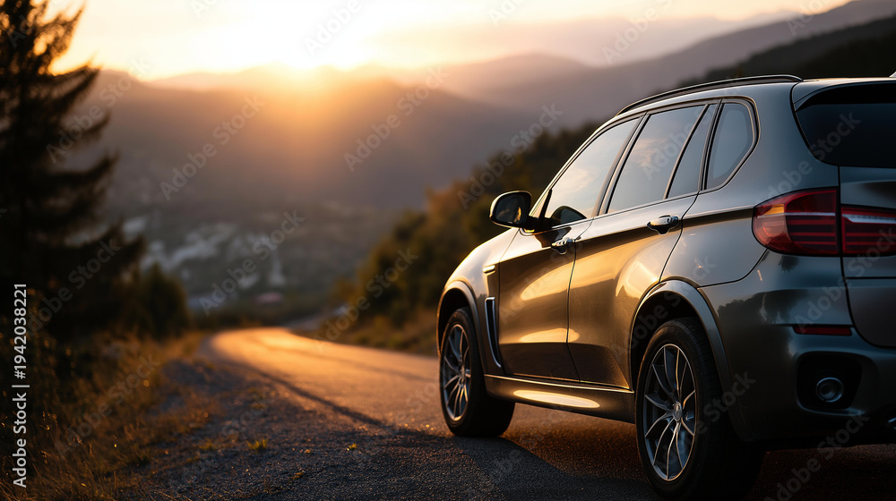 Fototapeta premium SUV car parked on a scenic mountain road in a Spanish landscape at a warm golden sunset, defocused mountain background, road travel concept, with copy space