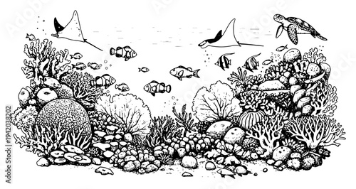 Detailed underwater panorama of a coral reef with sea turtles and manta rays in woodcut style