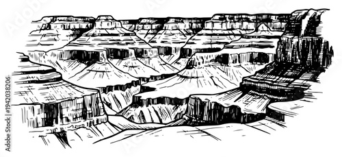 Scenic landscape of the Grand Canyon in vintage hand drawn engraving style