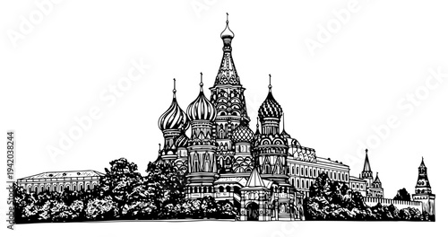 Detailed architectural sketch of Saint Basil Cathedral in Moscow in black and white engraving style
