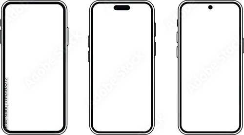 Three modern smartphone outlines showcasing different front camera designs on a simple white background