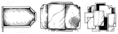 Collection of hand drawn vintage paper frames and blank panel layouts in hatching style