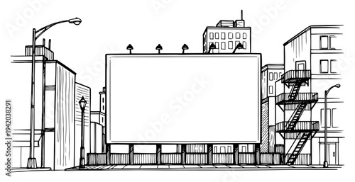 Urban city street landscape with a large blank billboard for advertisement in hand drawn style