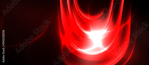 Abstract red energy flows, bright center radiates light. Dark background emphasizes glowing curves, dynamic composition.