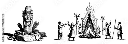 Ancient pagan ritual with wooden idol and bonfire in vintage folklore engraving style