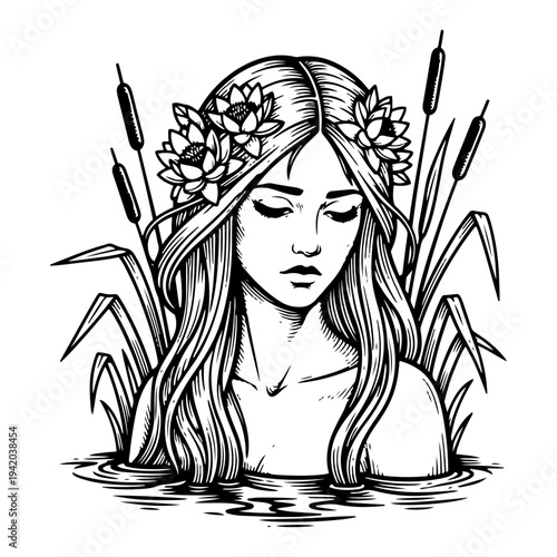 Beautiful water nymph with flowers in hair emerging from water in engraving style