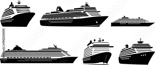 Set of various cruise ship silhouettes, including luxury liners, passenger vessels, and ocean travel ships, isolated on a white background for travel and maritime design.